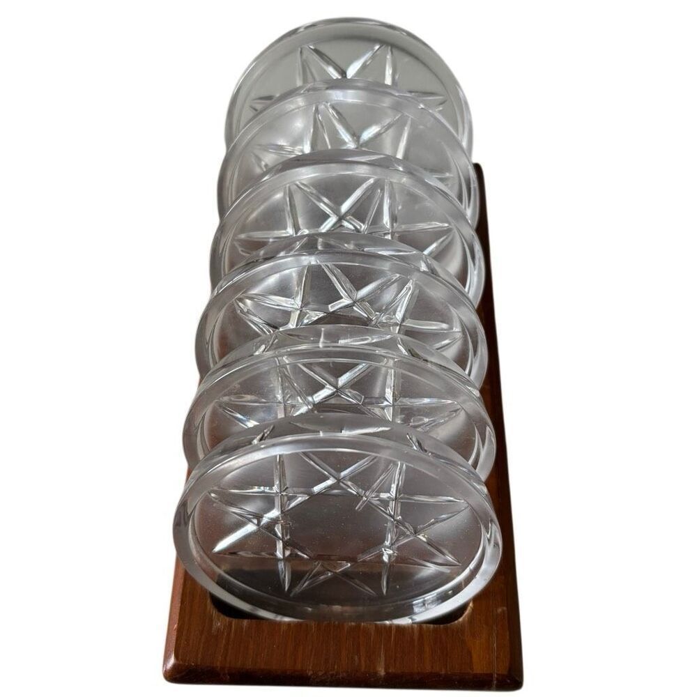 Set Of 6 Vintage Glass Drink Coasters In Wooden Holder